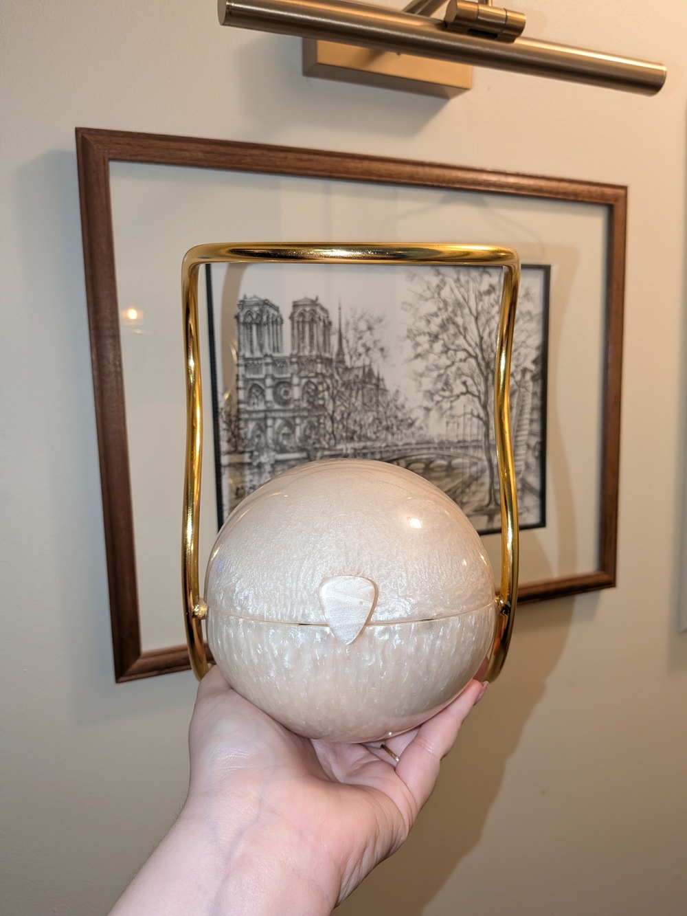 Stunning Pearl Sphere Orb Clutch with Polished Gold Metal Top Handle